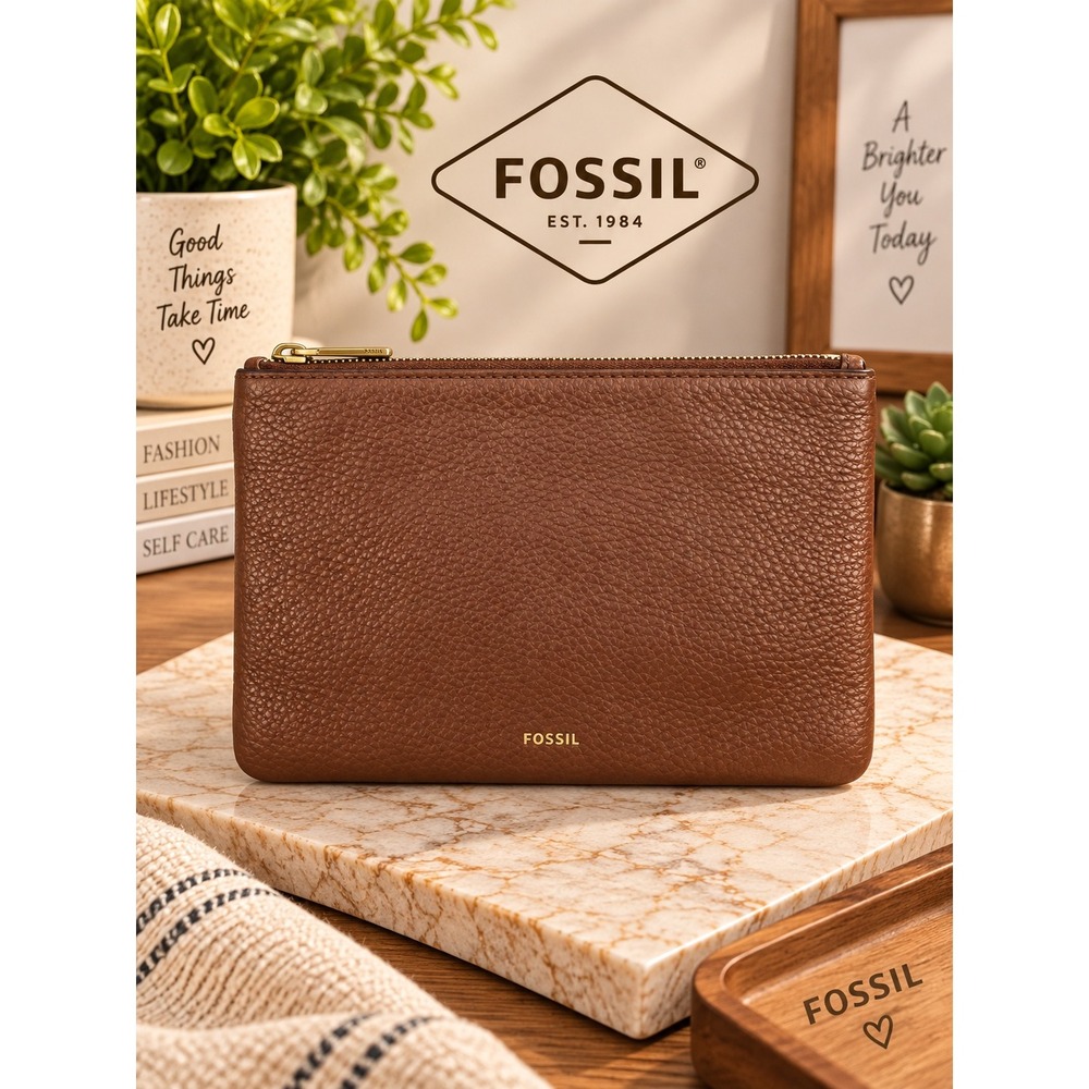 Fossil Brown Pebbled Leather Zip Pouch Clutch Makeup Bag Gold Hardware
